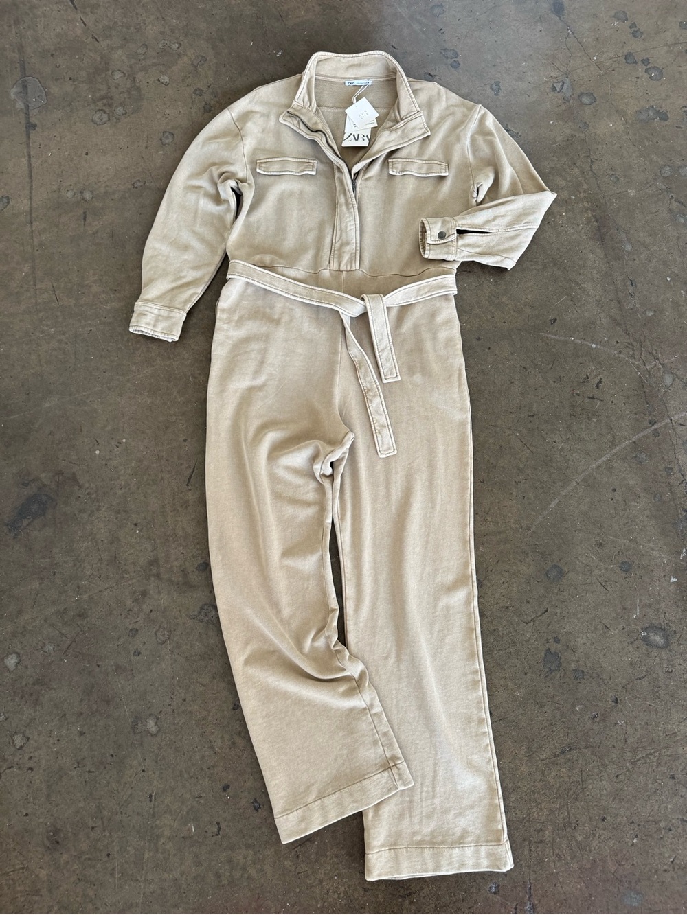 Zara Green Neutral Belted Jumpsuit - Women's Utility Style Sweatsuit